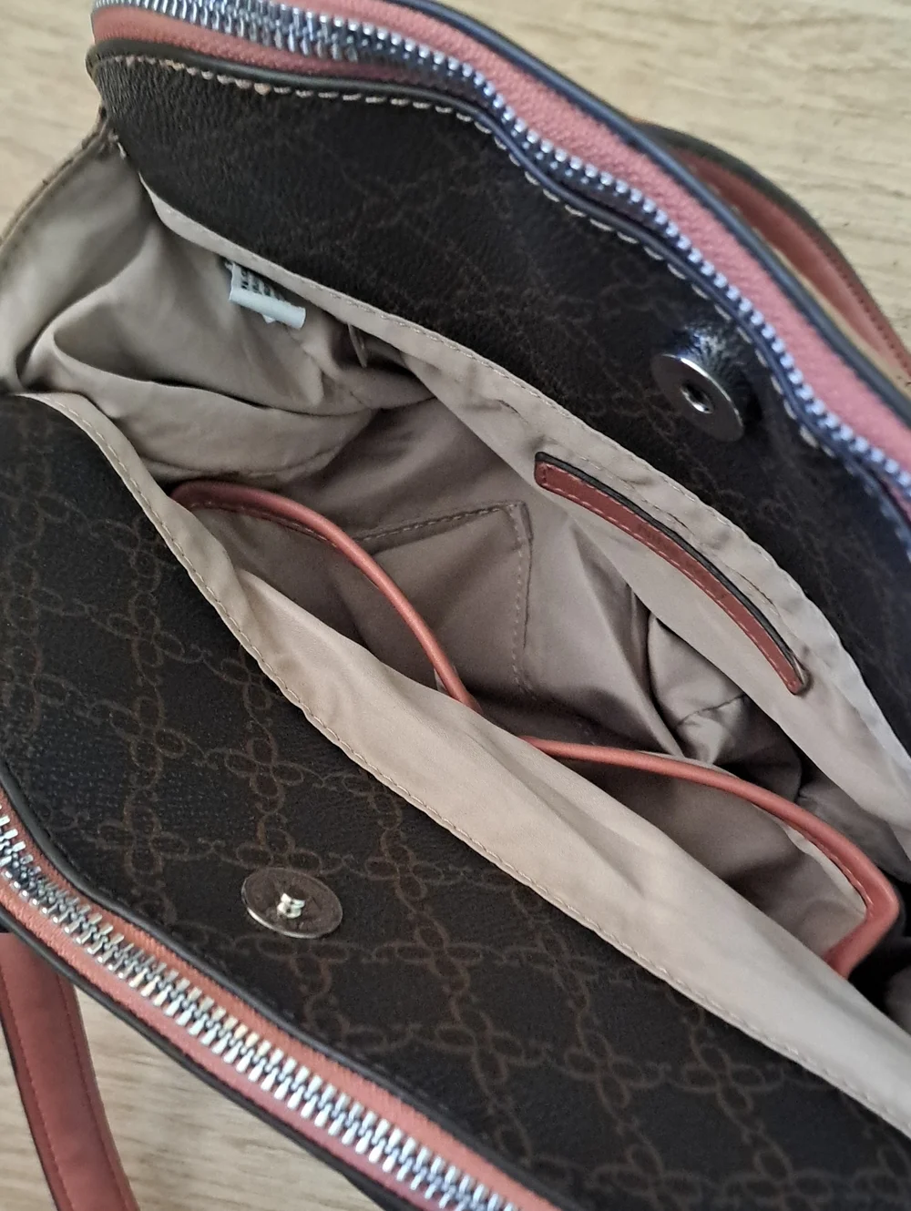 Nine West Brown Logo Satchel with Pink Handles and Dark Trim
